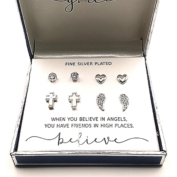 Womens Gratitude and Grace Solitaire Heart Cross And Wing Earring Bundle - Picture 1 of 1